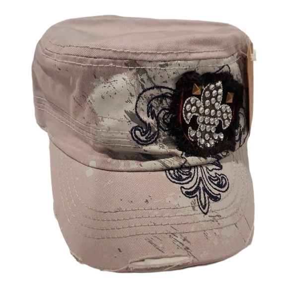 GRAY Western Fleur De Lis bling rhinestone Distressed ball cap baseball … - Picture 2 of 7